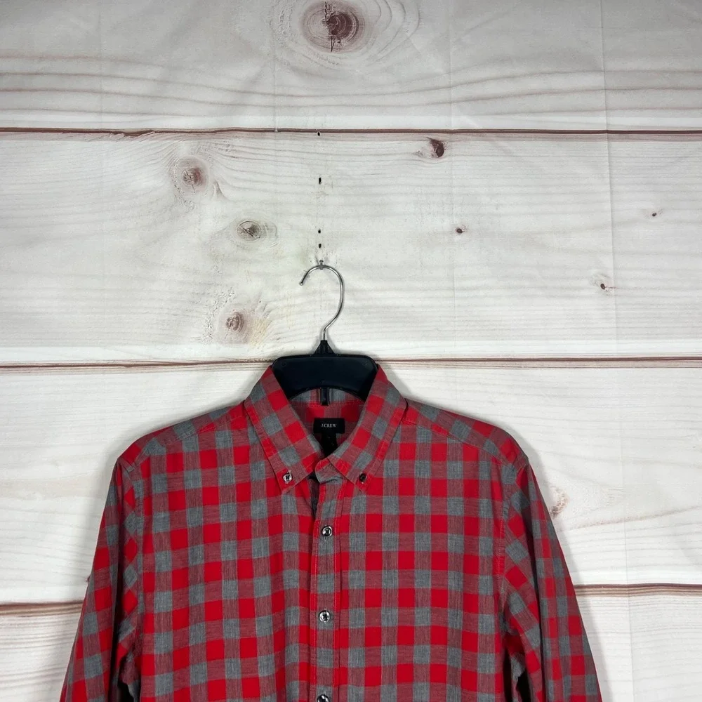 J Crew‎ Shirt Mens Medium Red Gray Check Button Up Cotton Long Sleeve Collared